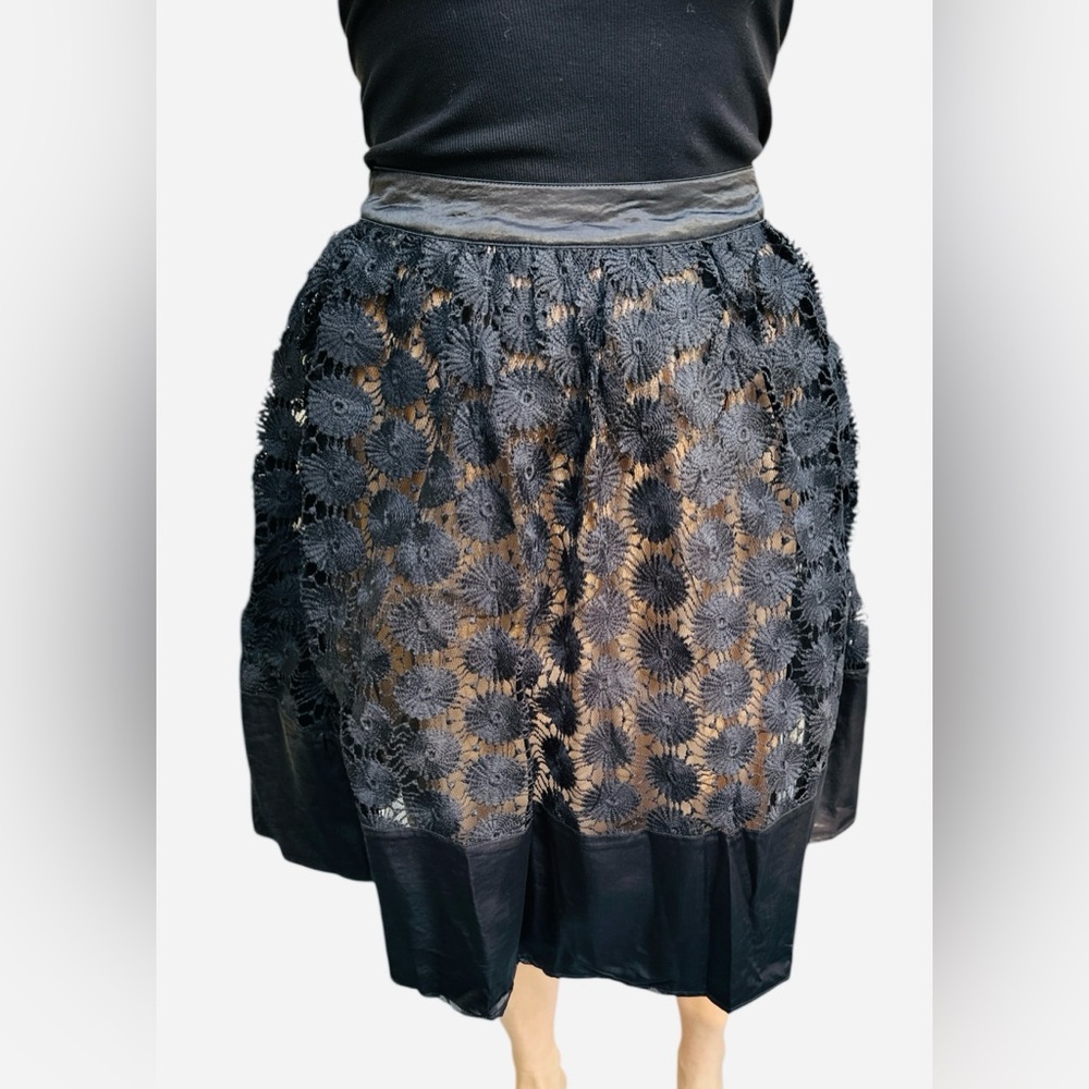 Ryu Floral Lace Midi Skirt Satin Boho A-Line Black Medium NEW